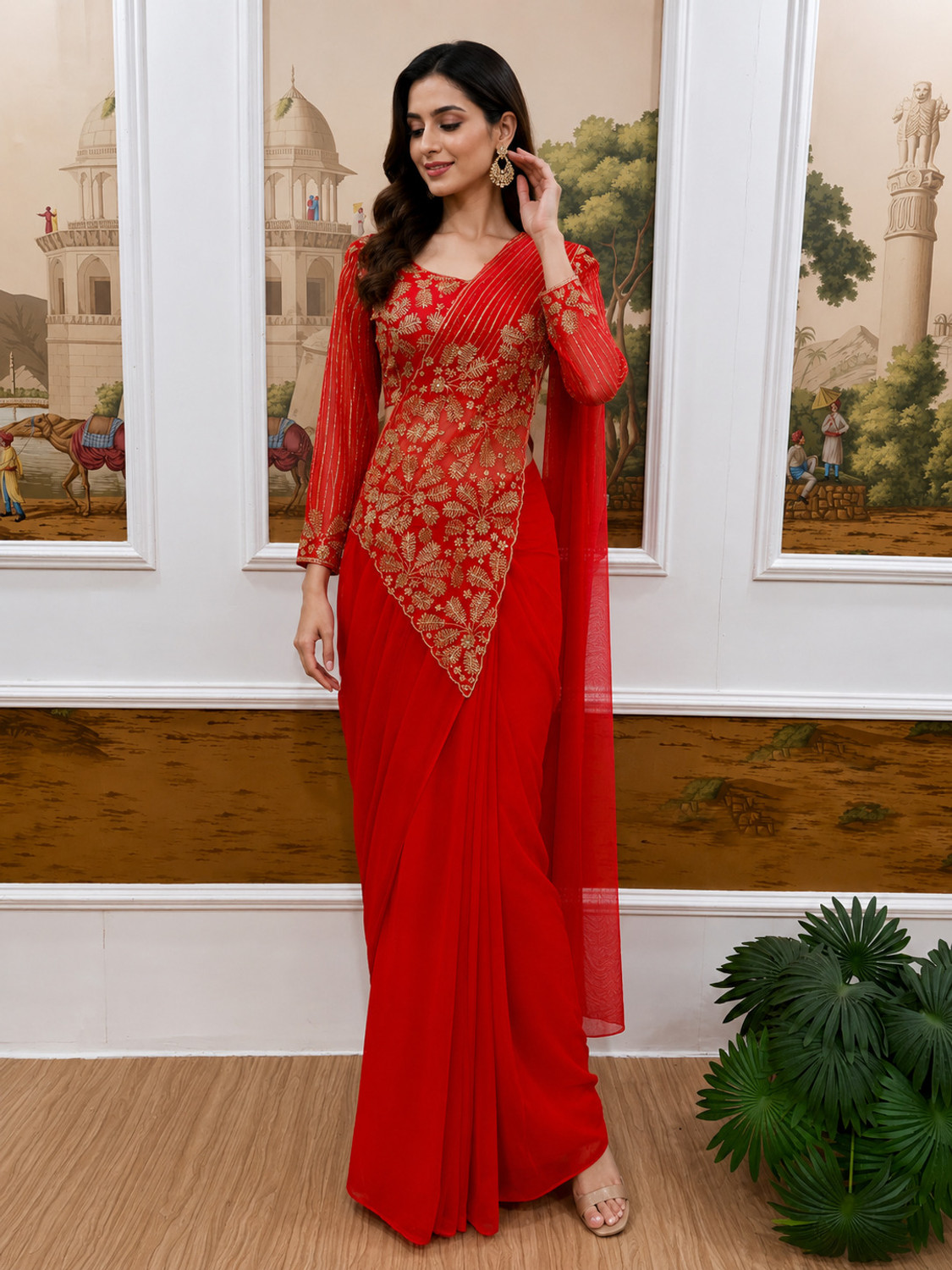 Gymora Embroidered Pre Draped Saree Georgette Saree