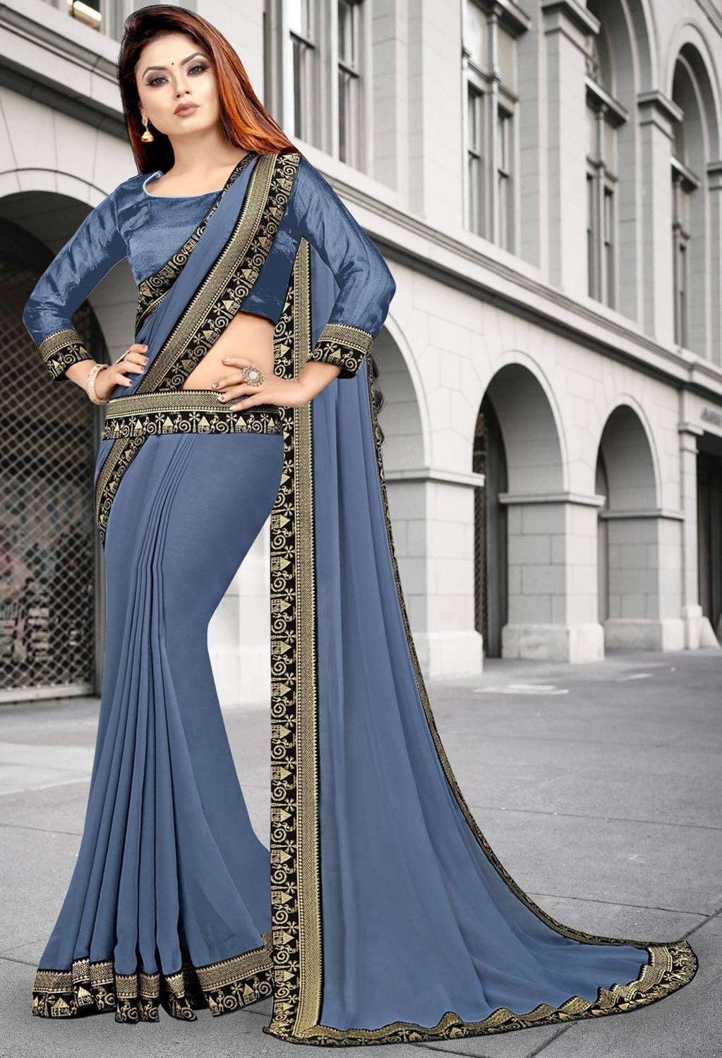 HNC Retail Solid/Plain Bollywood Lycra Blend, Chiffon Saree (Grey