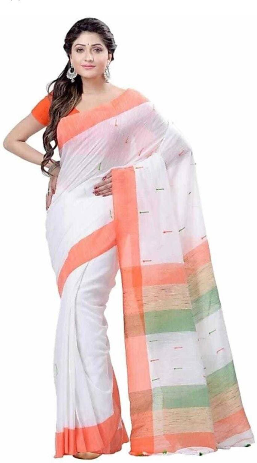 AjoyDas Self Design Handloom Pure Cotton Saree (White)