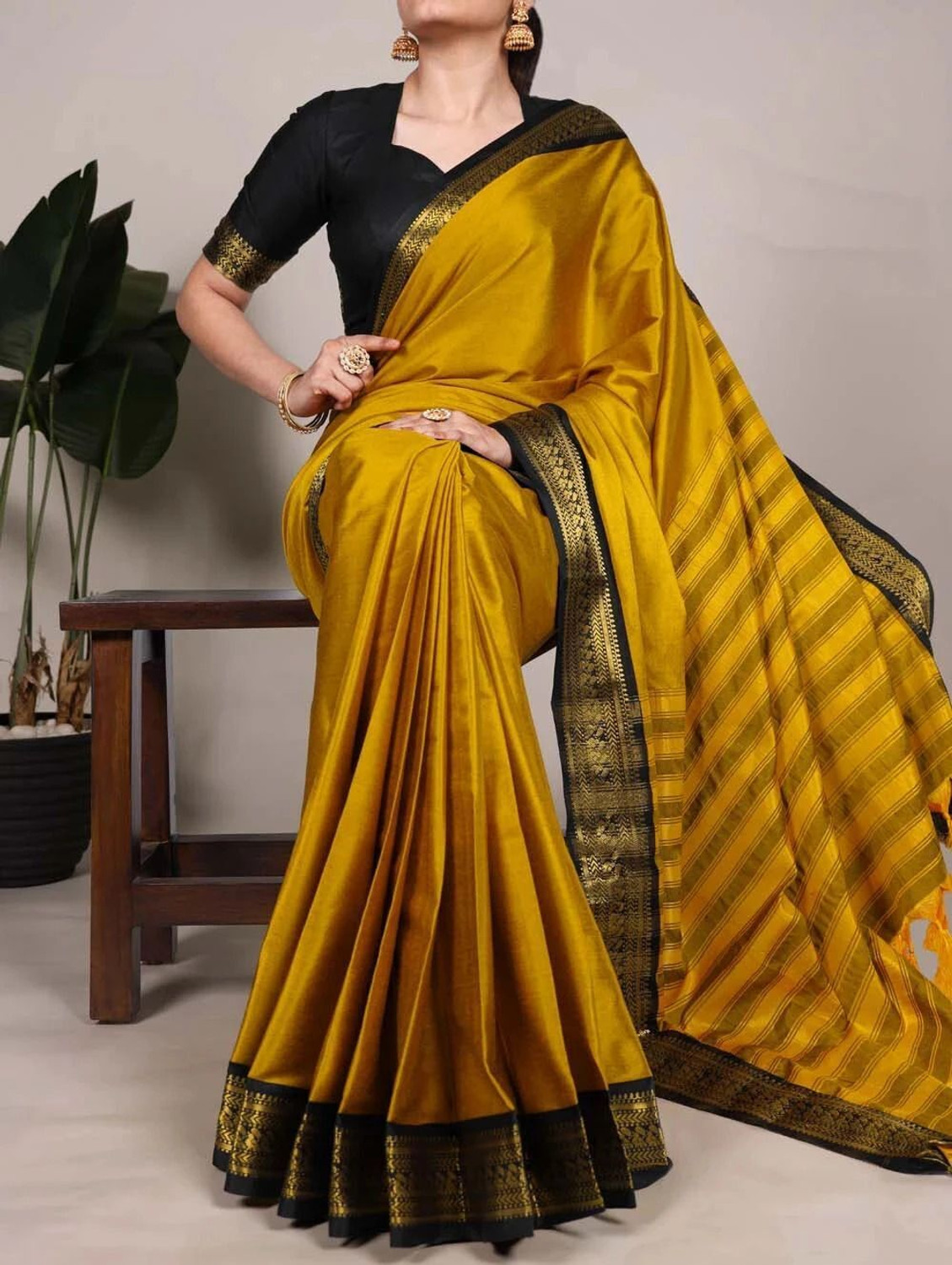 Image of KREZVI Self Design, Printed, Striped, Embroidered, Woven, Floral Print Kanjivaram Jacquard, Pure Silk Saree