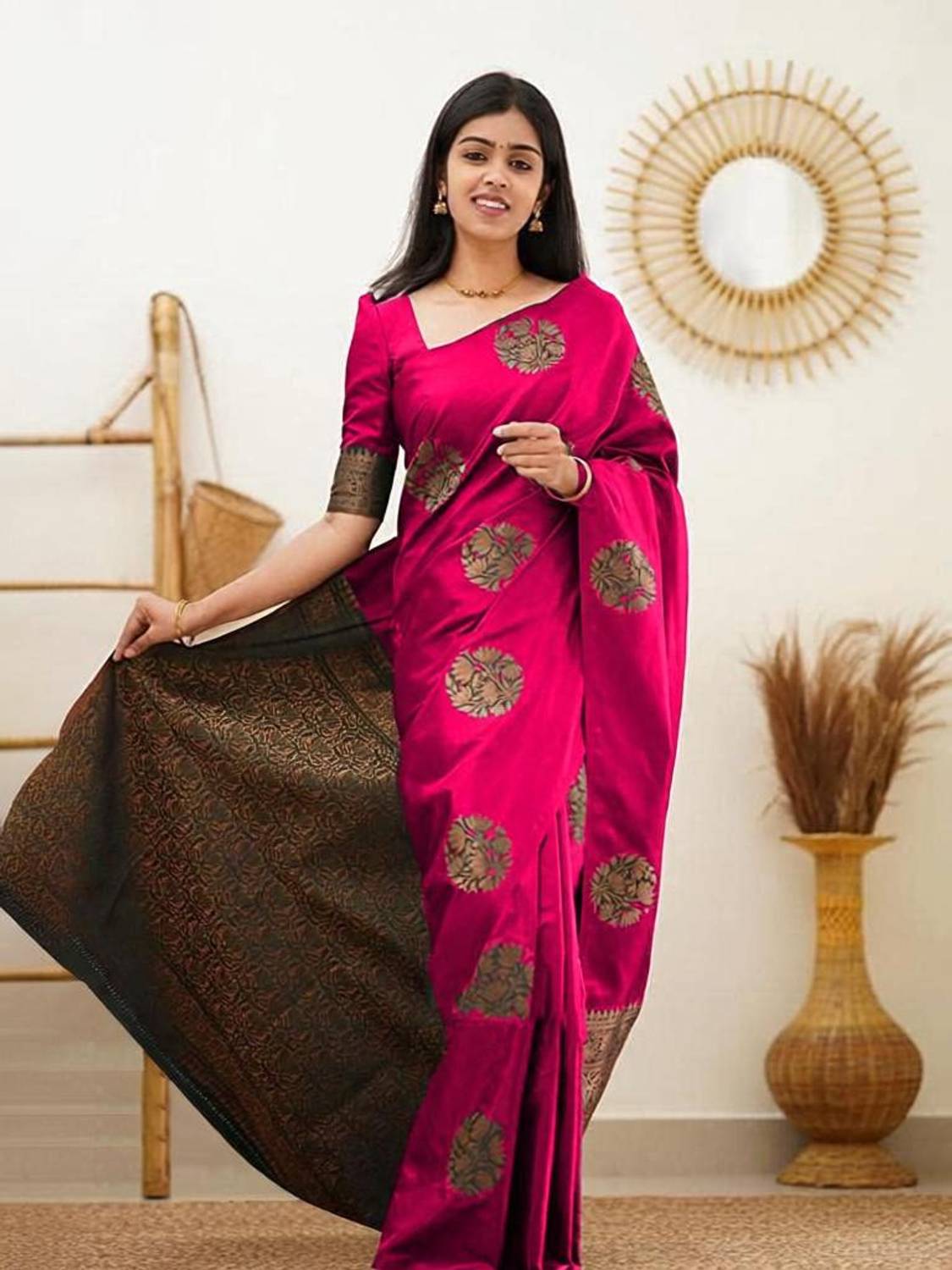 ANIRAV Printed Kanjivaram Cotton Silk, Jacquard Saree