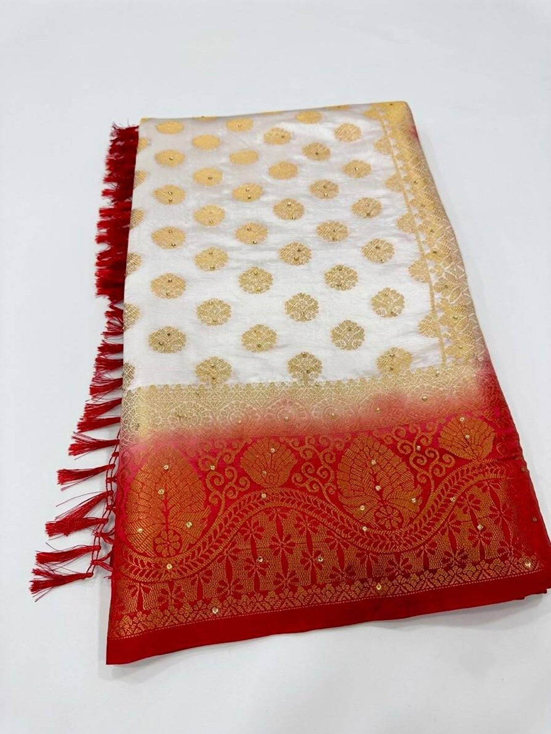 Image of SYRUSSILKSAREE Woven, Embroidered Banarasi Tussar Silk Saree