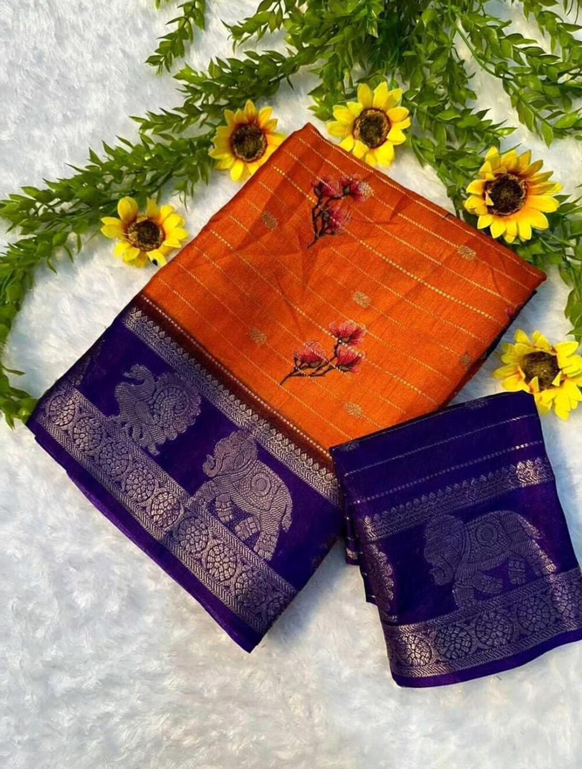 Image of Lincy Striped, Floral Print, Woven Bollywood Cotton Blend Saree
