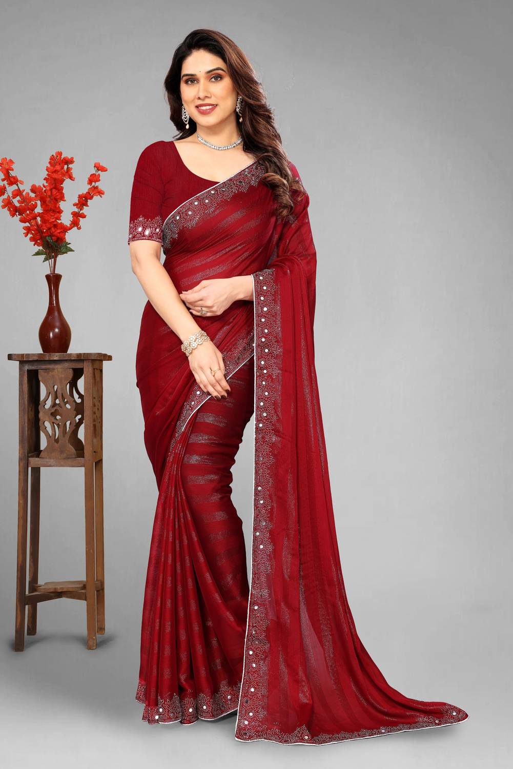VEERAIVA Embroidered, Self Design Bollywood Chiffon Saree (Maroon