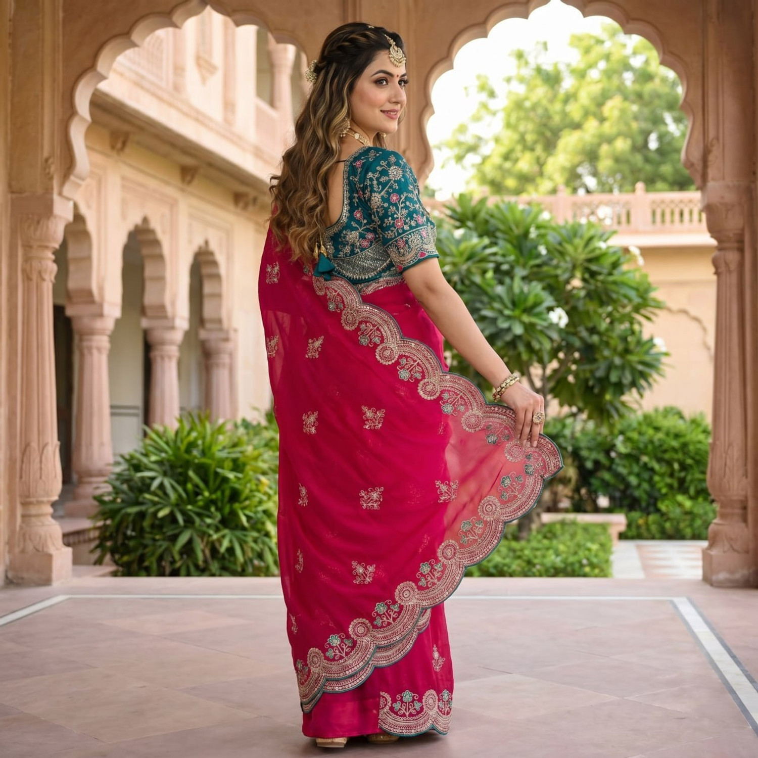 Image of Munir Clothing Embroidered Bollywood Satin Saree (Pink)