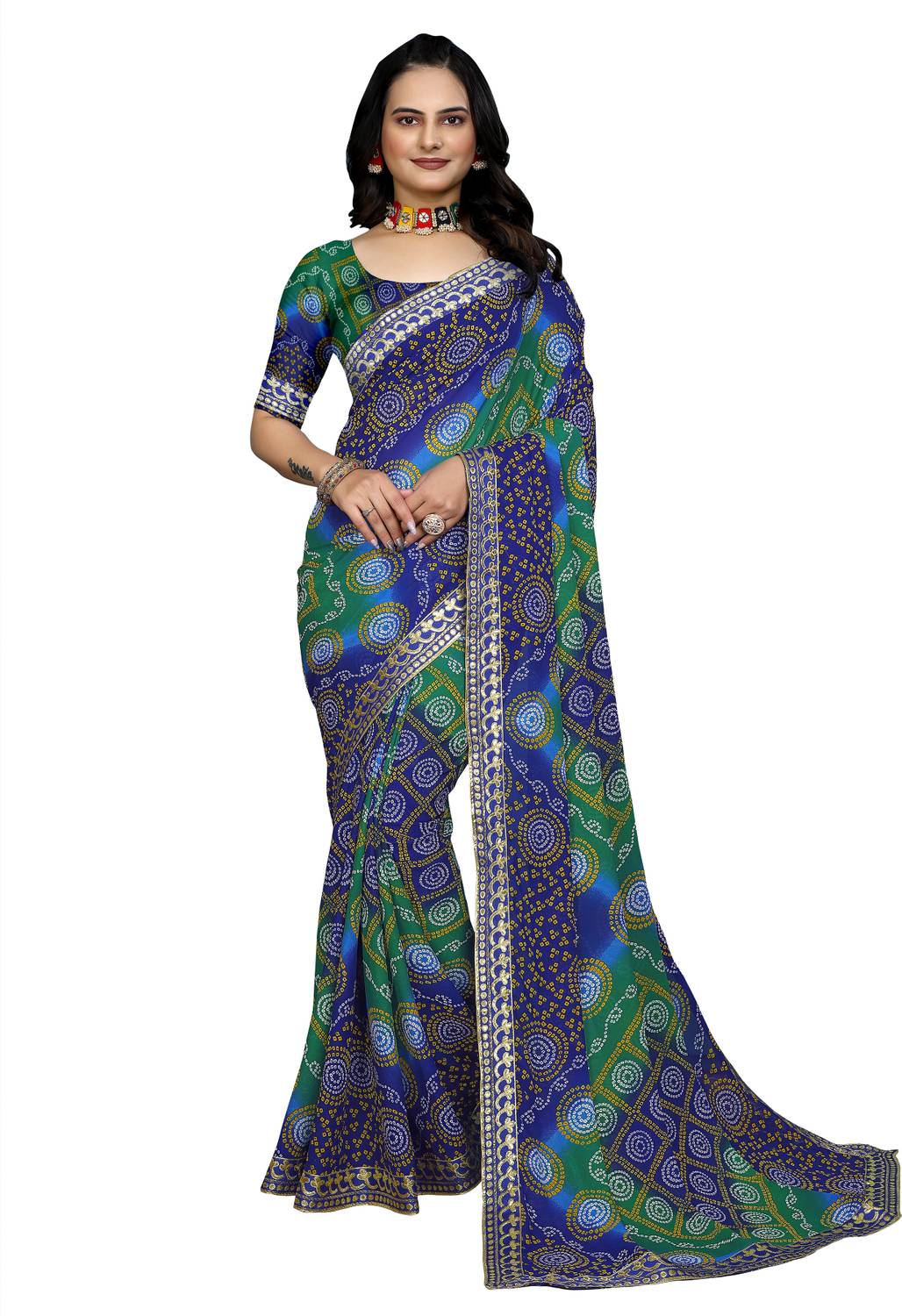 Kanooda Prints Printed Bandhani Georgette Saree (Blue)