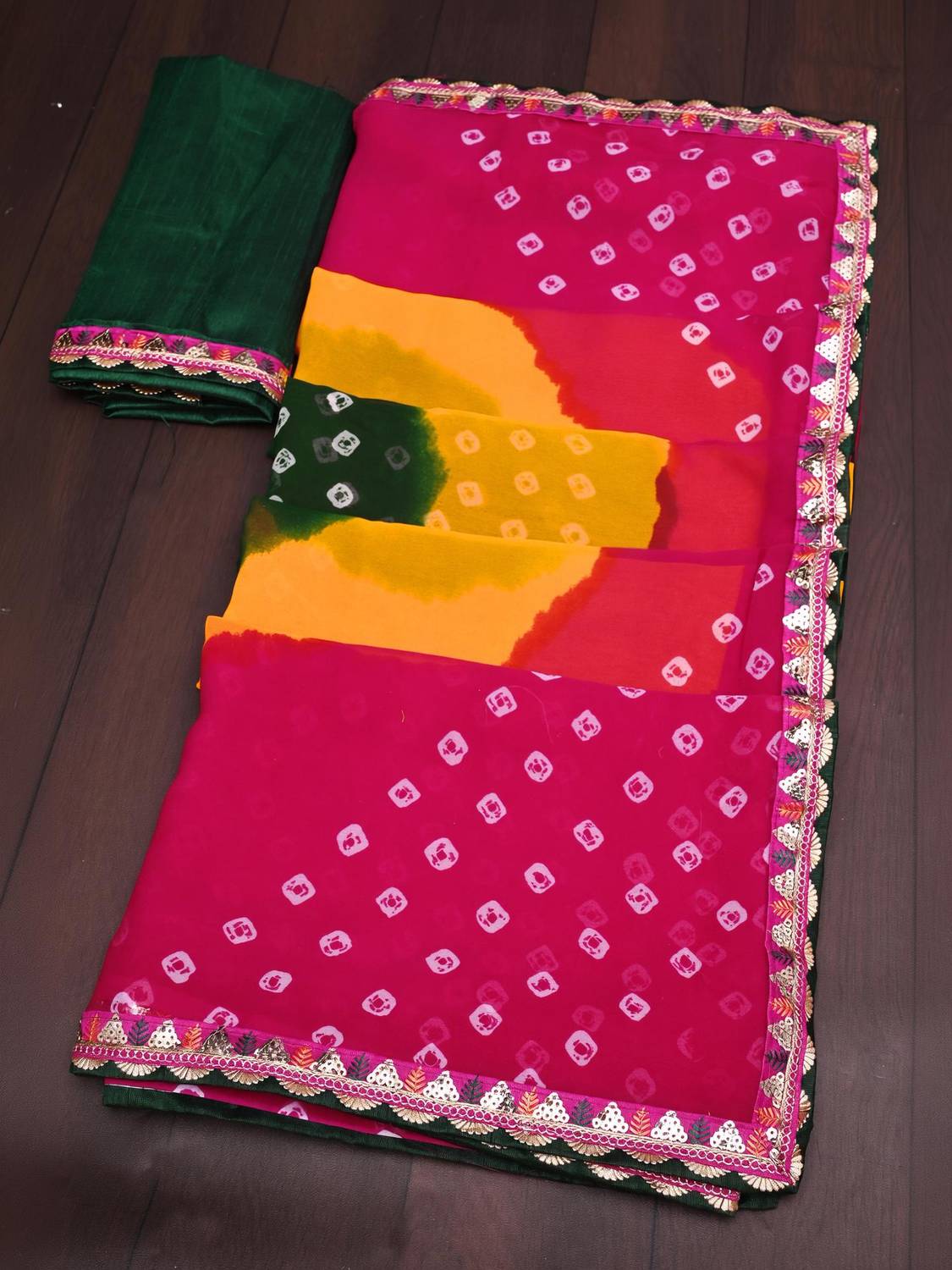 ASTEYAM Printed Bandhani Georgette Saree