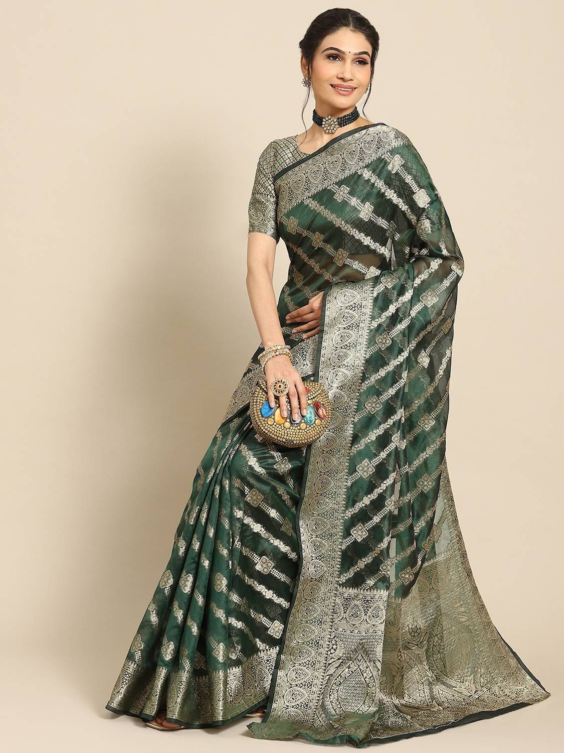 TIGERSNAKE Printed Daily Wear Jacquard, Organza Saree (Dark Green