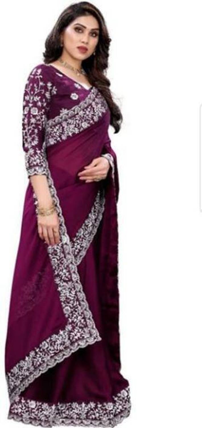 FashionTody Embroidered Bollywood Purple Silk Saree - Image 1