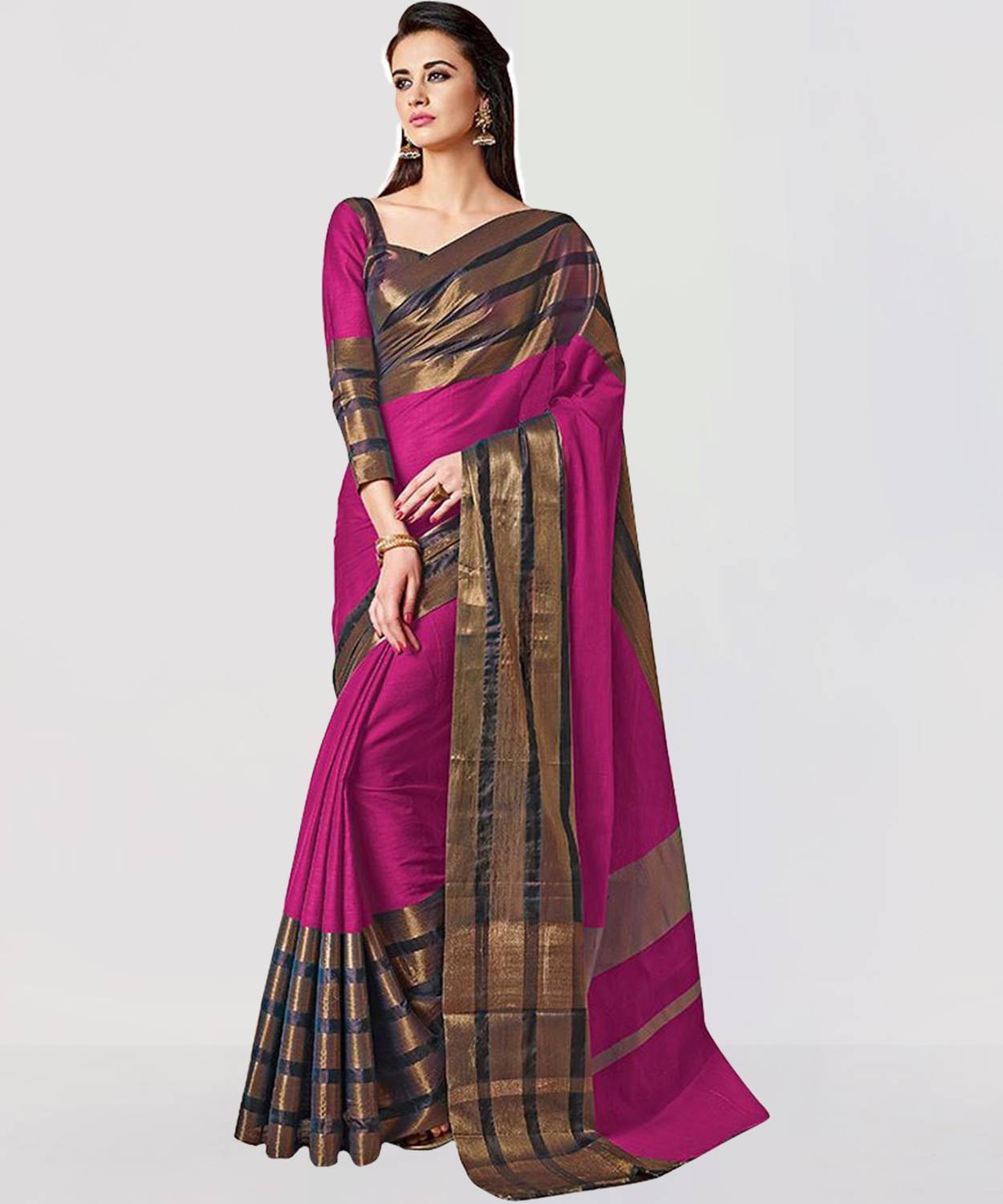 BAPS Striped, Woven, Embellished, Solid/Plain Banarasi Cotton Blend, Art Silk Saree