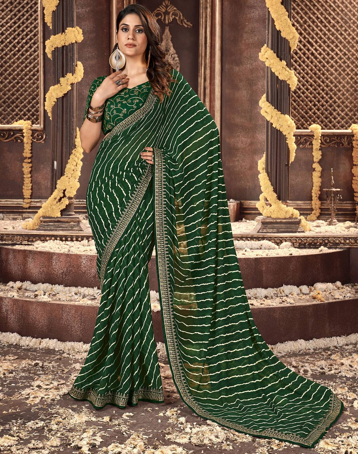 Siril Striped, Embellished Bandhani Georgette Saree (Green, Cream