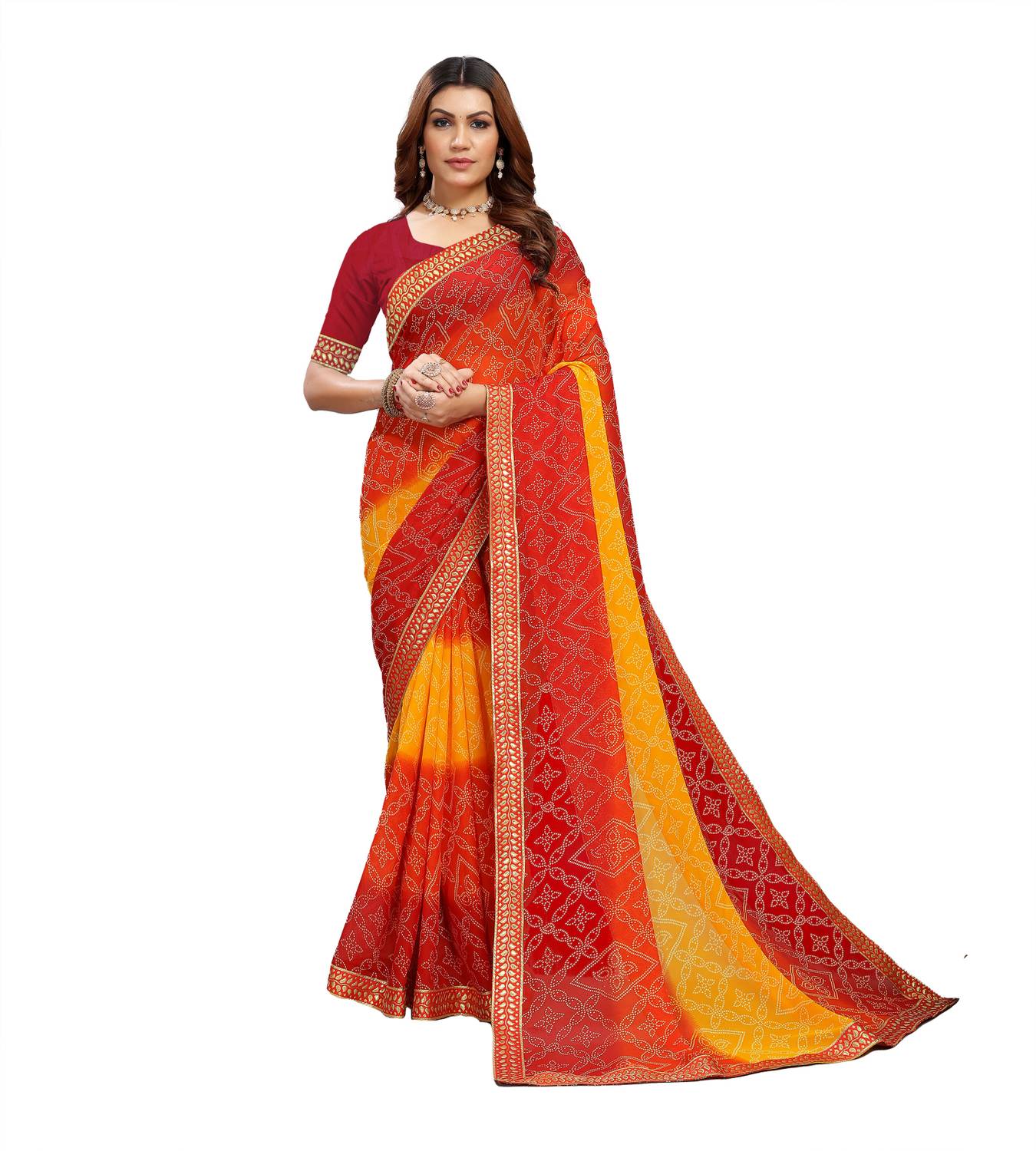 Kanooda Prints Printed Bandhani Georgette Saree (Multicolor)