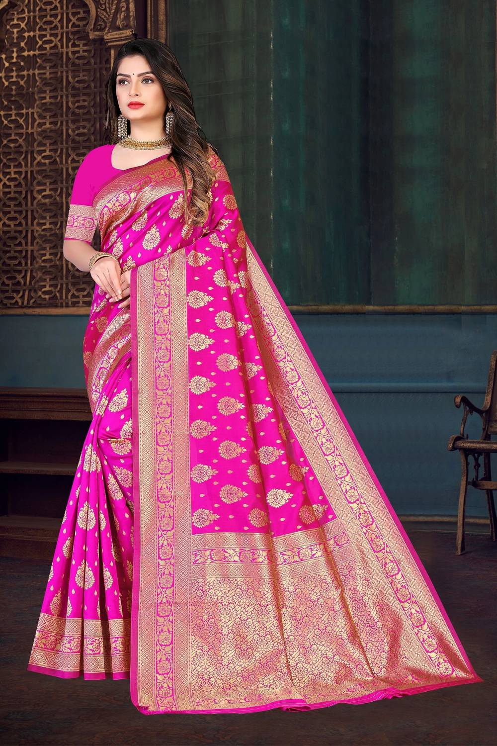 TIGERSNAKE Woven Kasavu Silk Blend Saree (Pink)