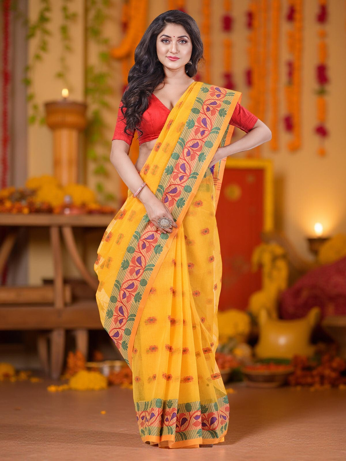 Image of TANTLOOM Woven, Embroidered Bandhani Handloom Pure Cotton, Georgette Saree