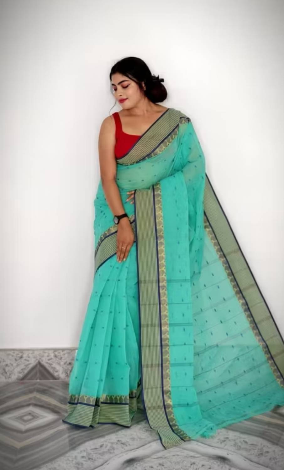 BDF Bikash Dutta Fashion Self Design Tant Pure Cotton Saree (Blue