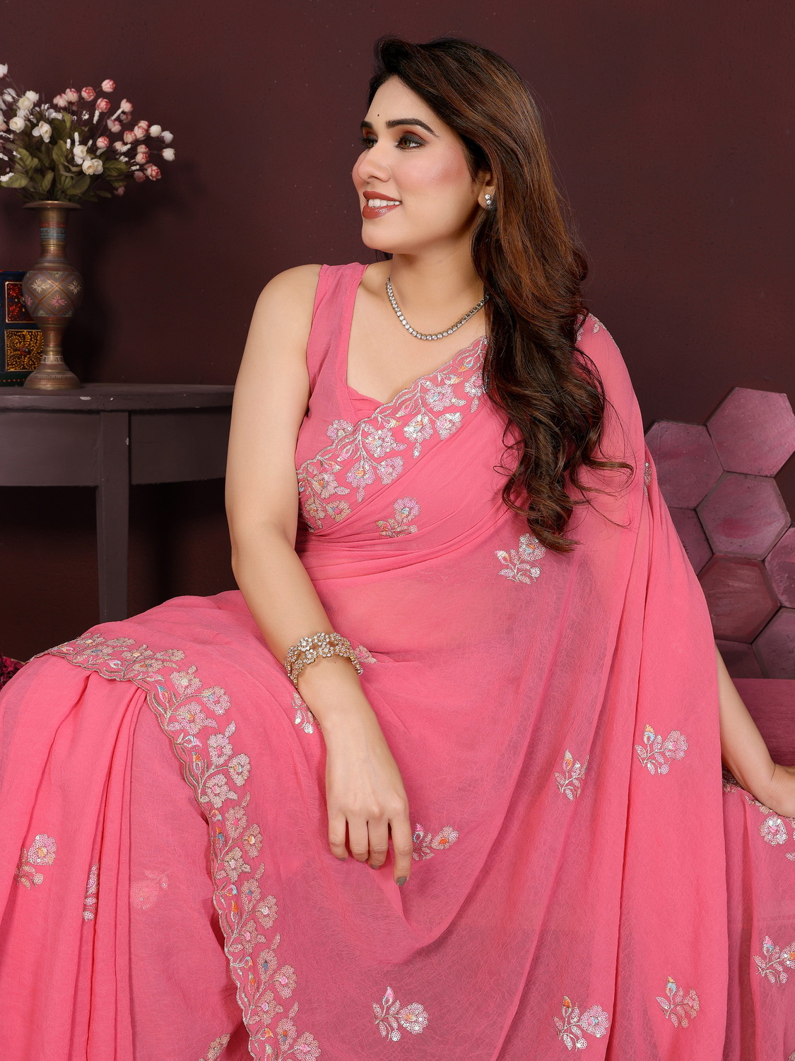 Image of ShreeNazaaraa Embroidered, Floral Print Bollywood Georgette Saree
