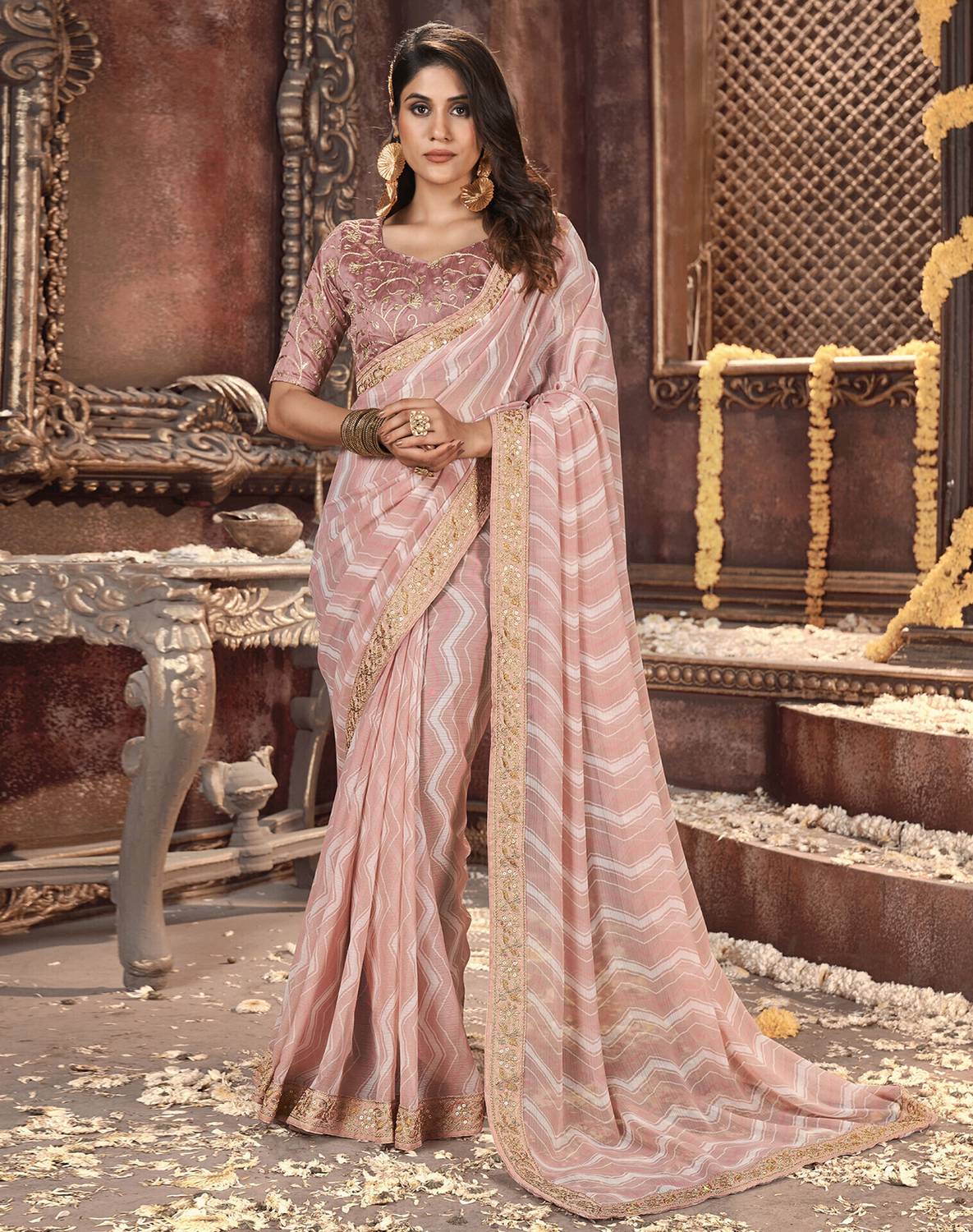 Siril Striped, Embellished Bandhani Georgette Saree (Pink, White)