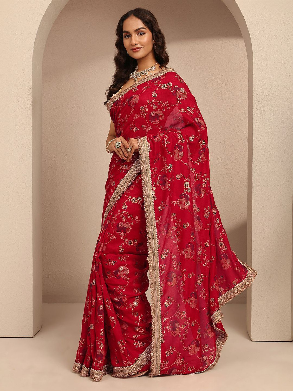 Image of LIBAS Printed Daily Wear Silk Blend Saree (Red)