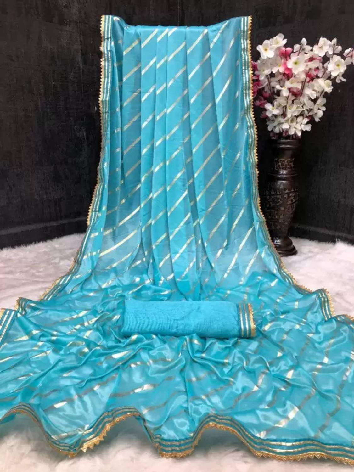 AMALAK Striped Bollywood Lycra Blend Saree