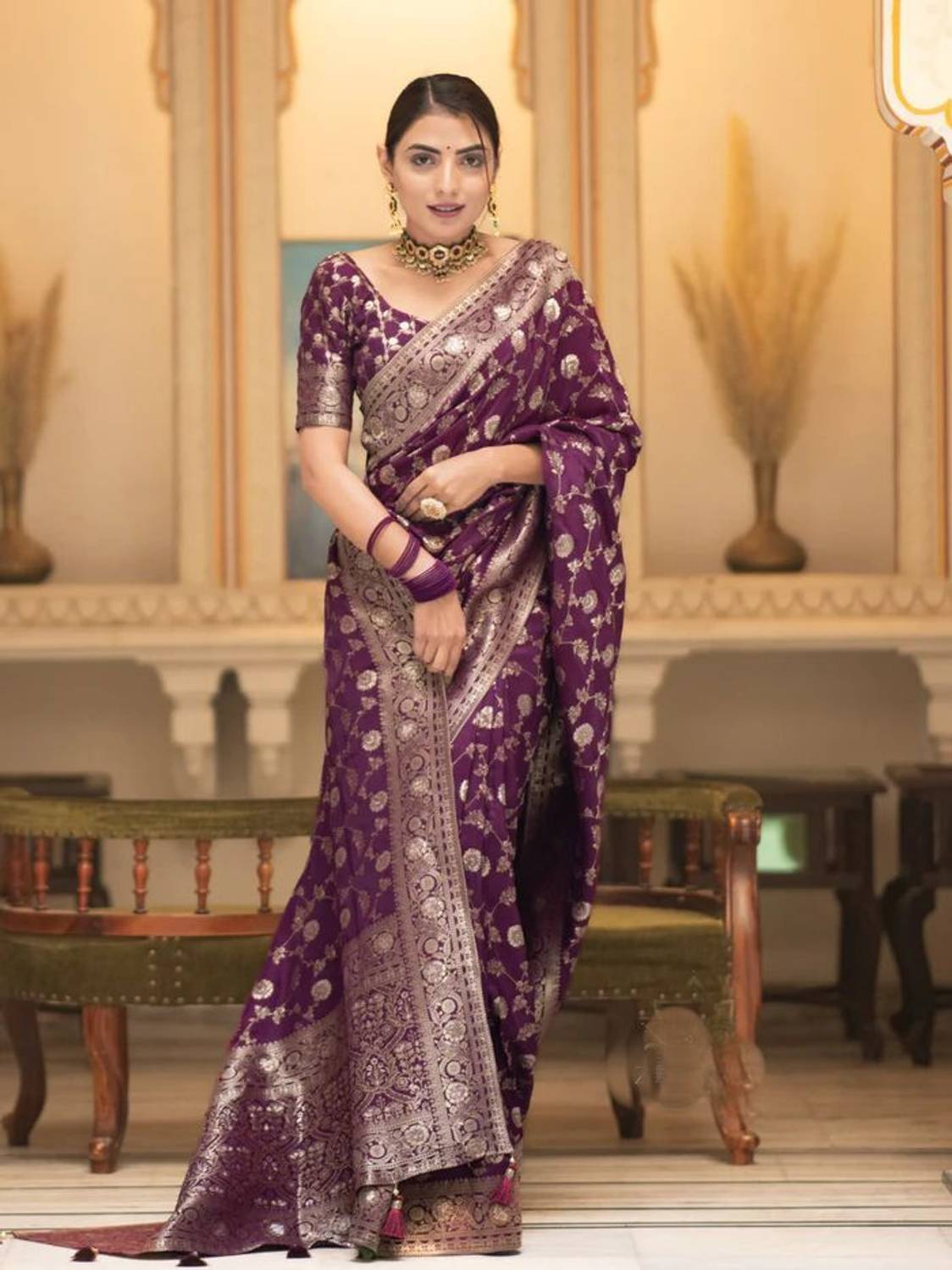 KanjiQueen Woven, Printed Kanjivaram Silk Blend, Pure Silk Saree