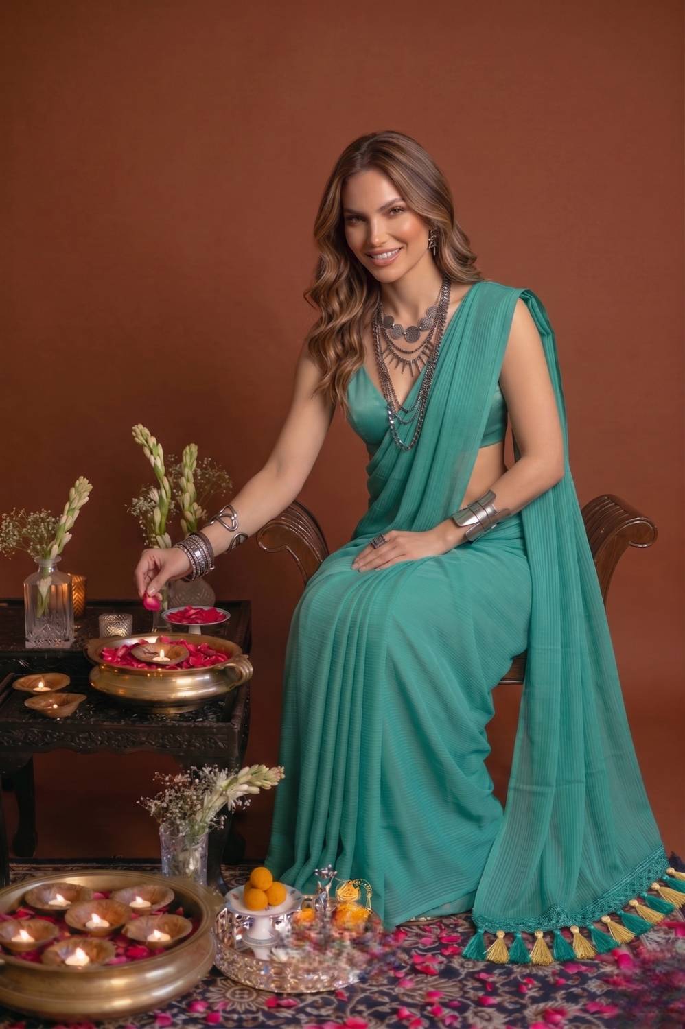 HNC Retail Solid/Plain Bollywood Lycra Blend, Chiffon Saree (Ligh