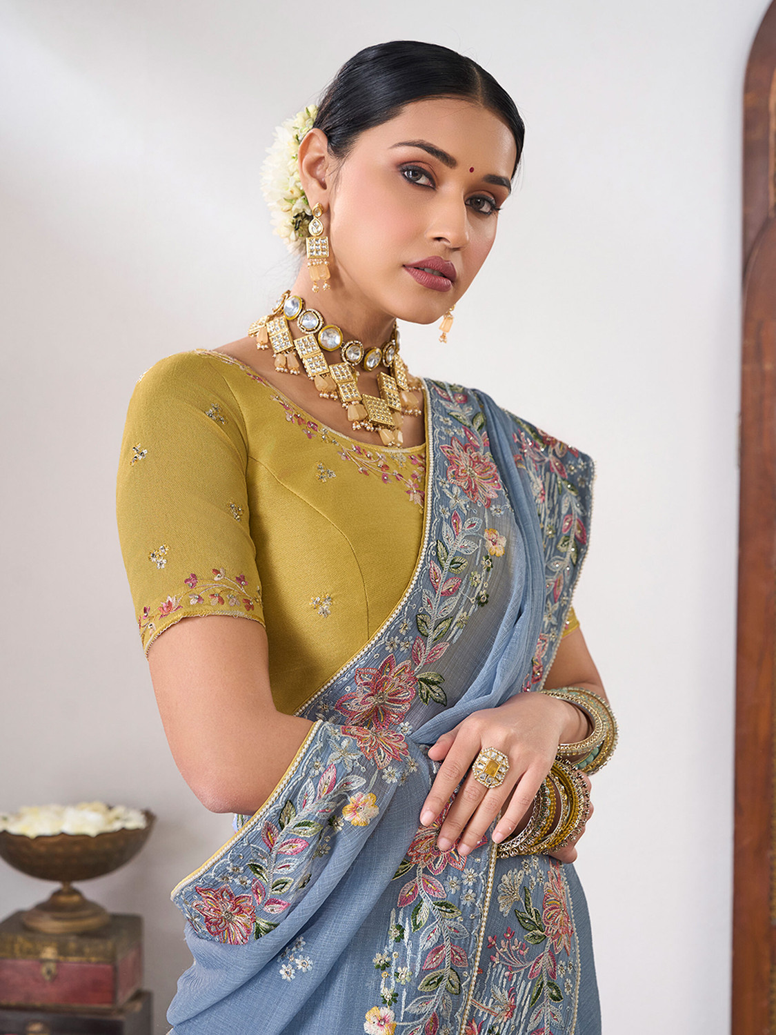 Image of Laxmipati sarees Embroidered, Floral Print Bollywood Chiffon Saree