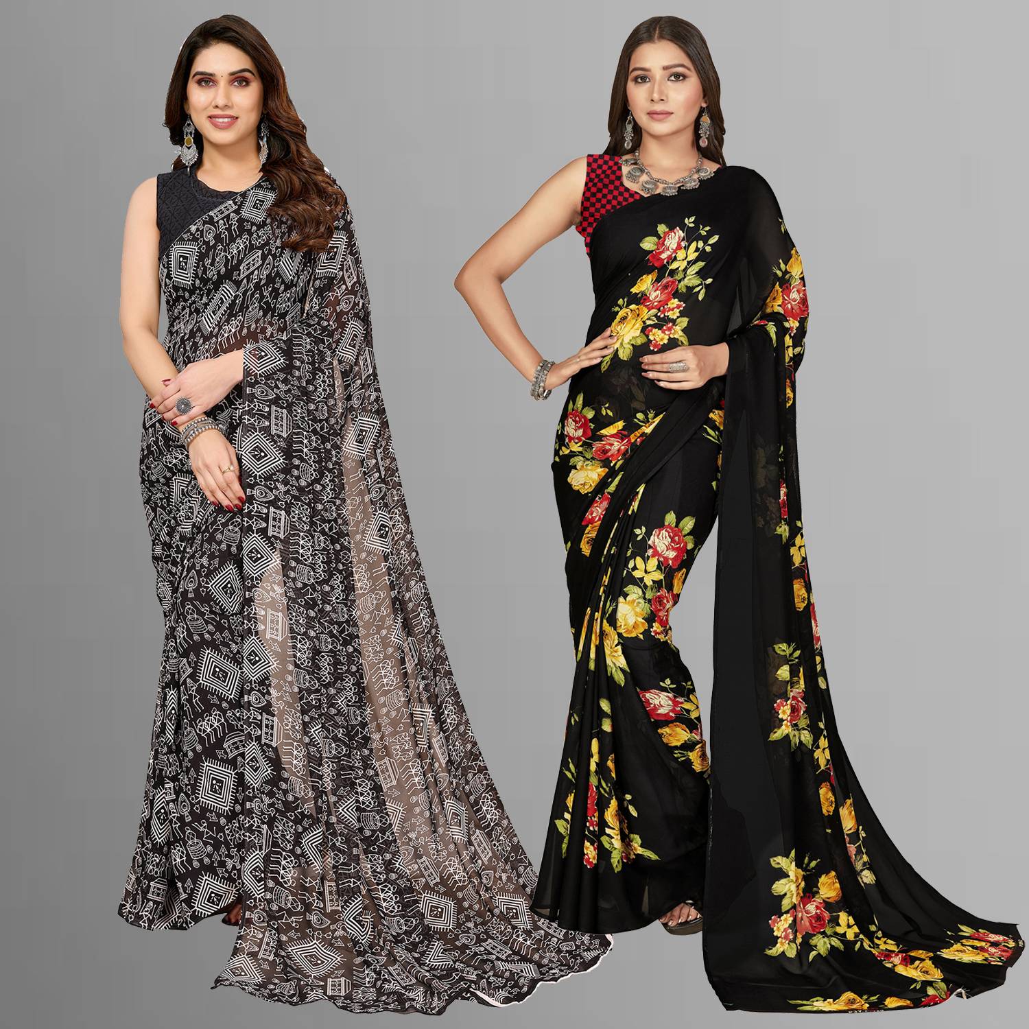 Anand Sarees Floral Print, Polka Print, Ombre, Printed Bollywood Georgette Saree