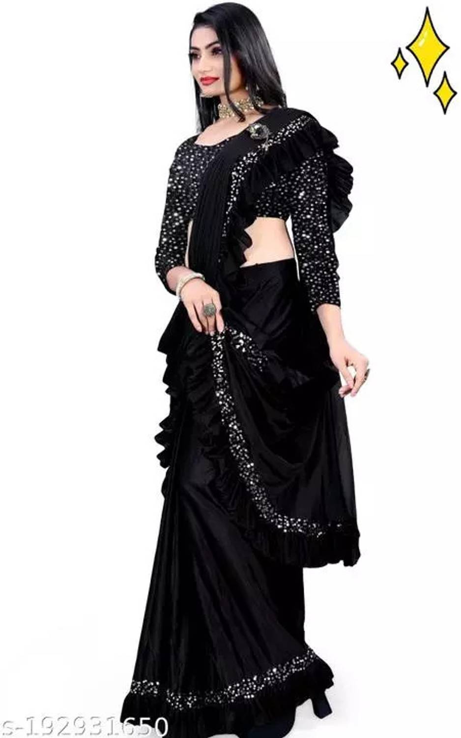 PLEXSTAR Self Design, Checkered Bollywood Lycra Blend Saree (Blac