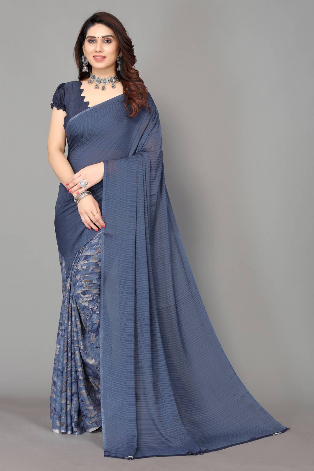 YASHIKA Floral Print Daily Wear Georgette Saree (Dark Blue)