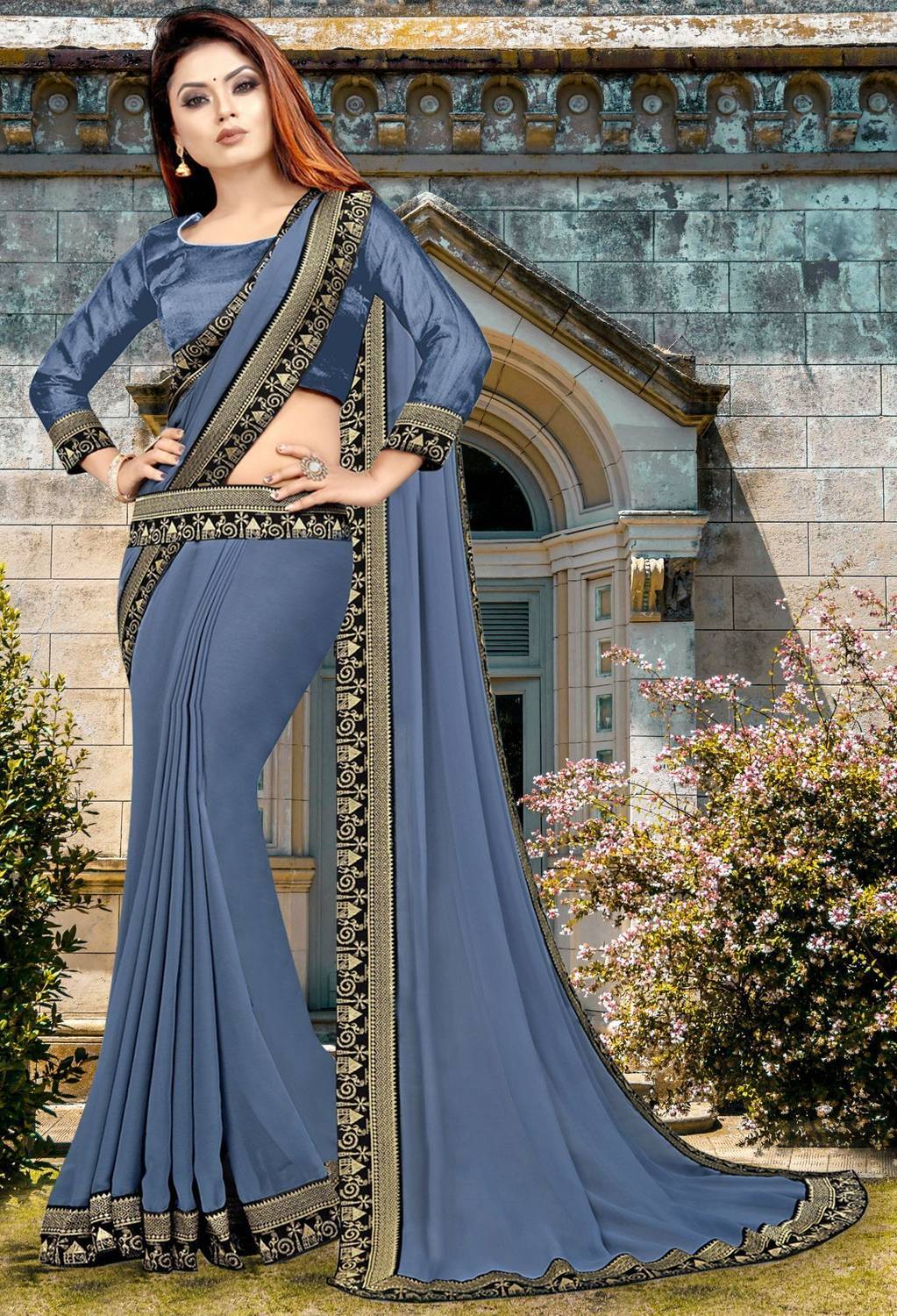 HNC Retail Solid/Plain Bollywood Lycra Blend, Chiffon Saree (Grey