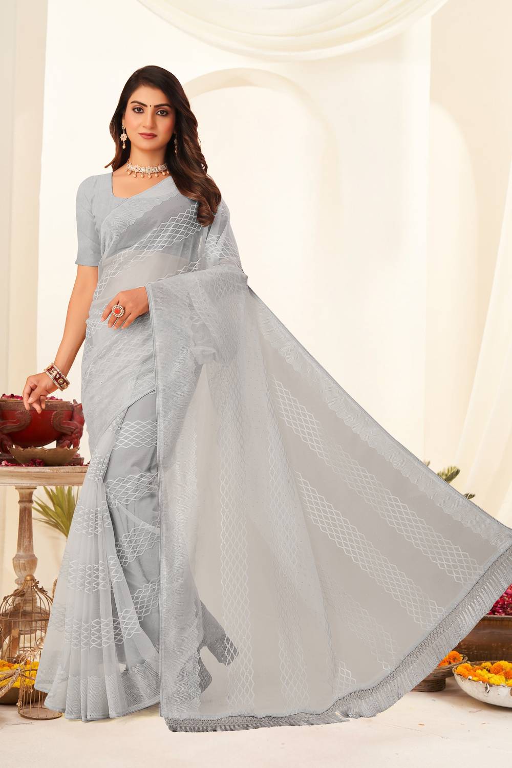 BATHANI CREATION Solid/Plain Bollywood Organza Saree