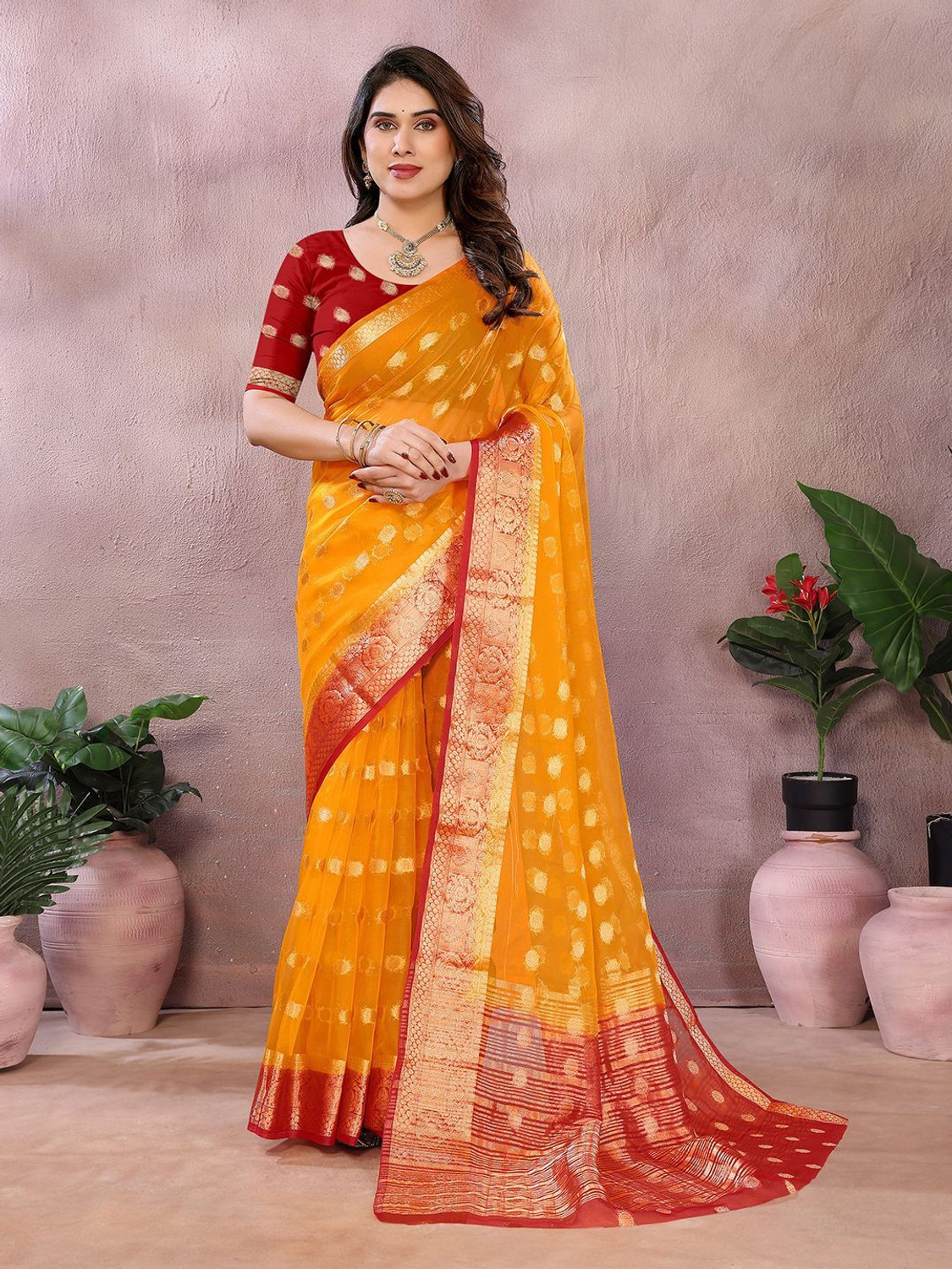 Image of Hema Silk Mills Printed Bollywood Organza Saree (Yellow)