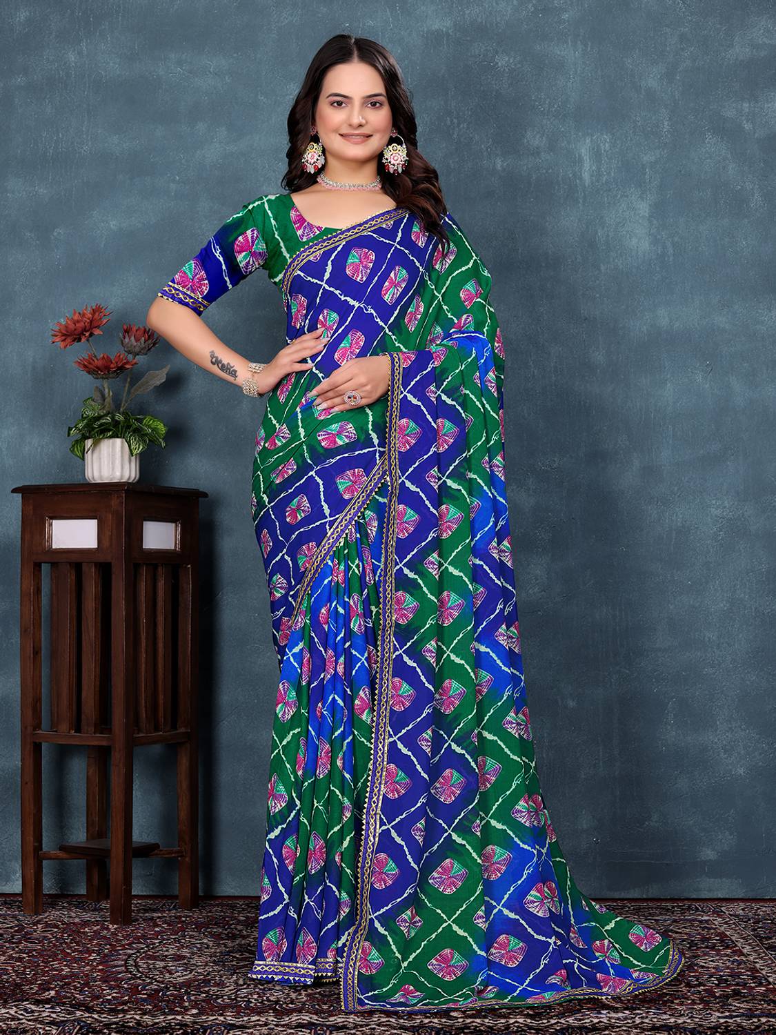 Kanooda Prints Printed Bandhani Georgette Saree (Blue)