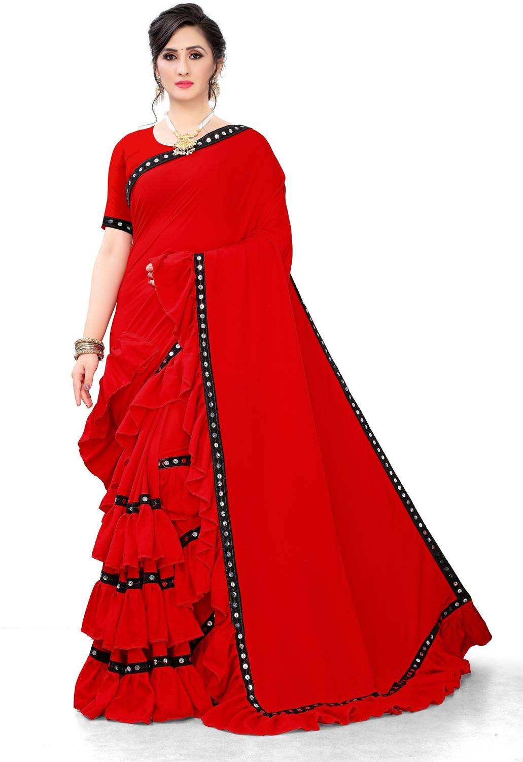fentik.com Embellished, Solid/Plain Bollywood Lycra Blend Saree (