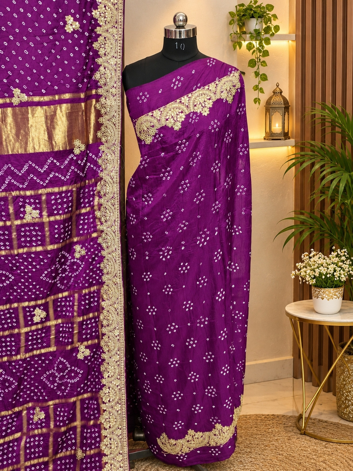 Image of RANGEEN BNADHANI Embroidered, Tie-Dye Bandhani Dupion Silk Saree (Purple)