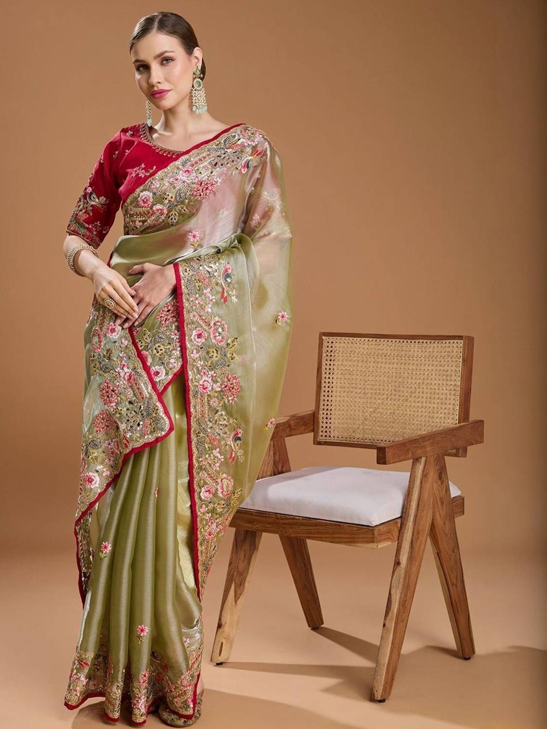 SareezaaStore Embroidered Bollywood Organza Saree Green - Image 5