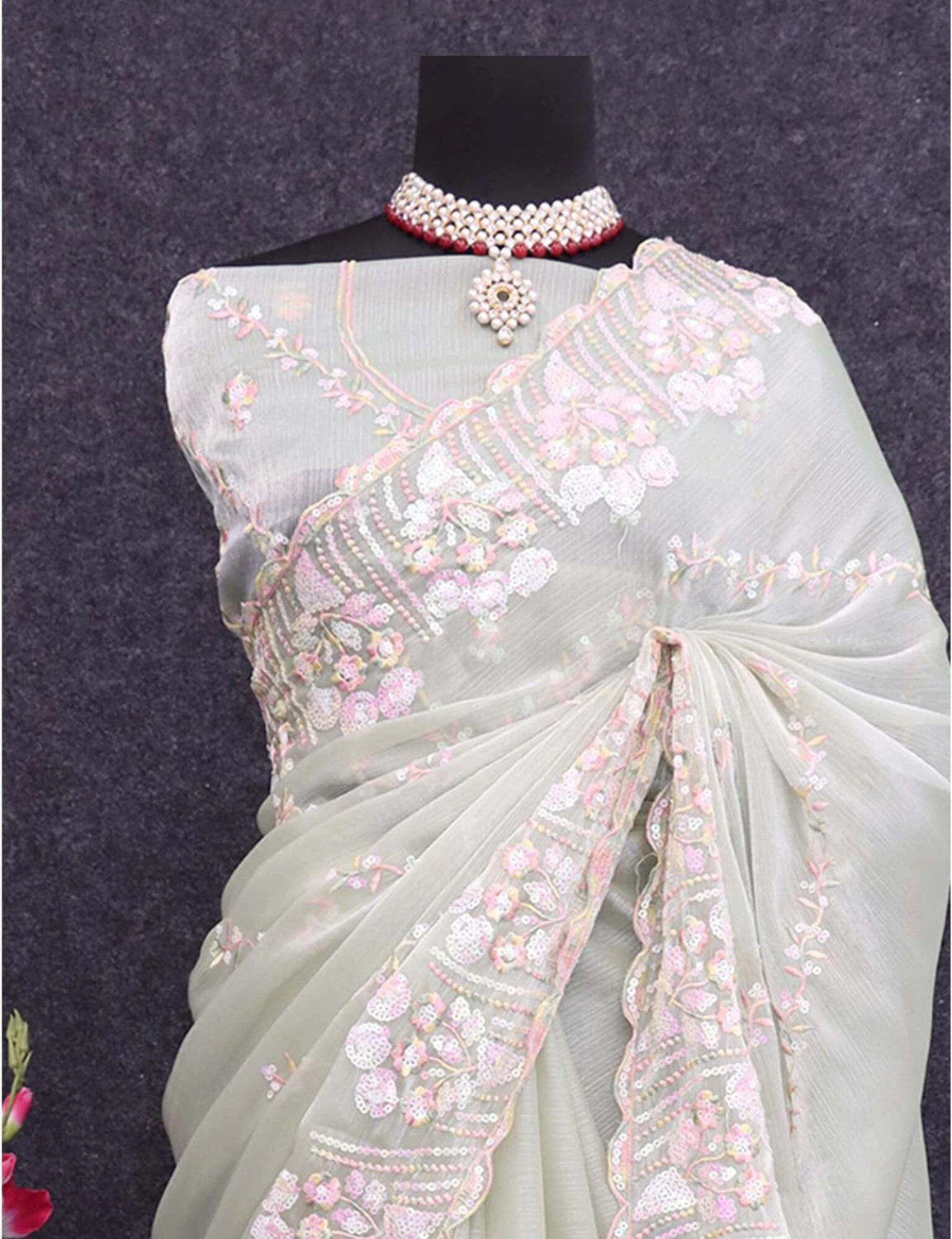 Image of Dimgrey Embroidered Bollywood Organza Saree