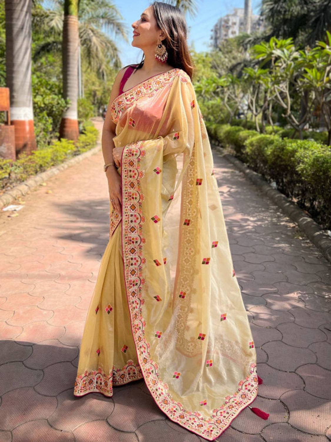ANOUK Embroidered Yellow Saree with Attached Blouse - Image 3