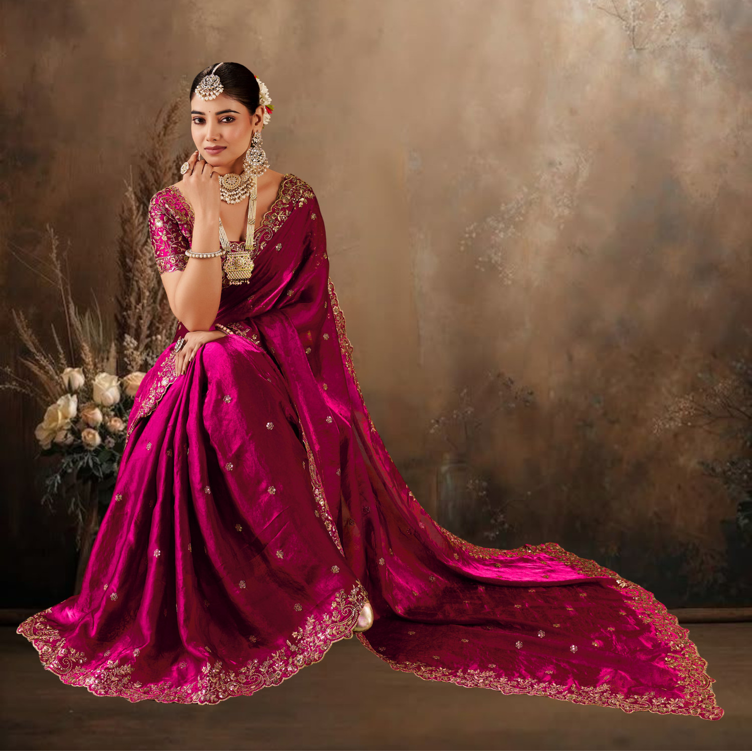 Image of DESTY Embroidered, Embellished, Floral Print Bollywood Jimmy Jimmy, Tussar Silk Saree