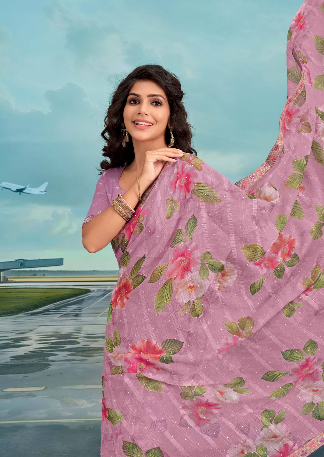 Image of Laxmipati sarees Printed Saree with Attached Blouse Chiffon Saree