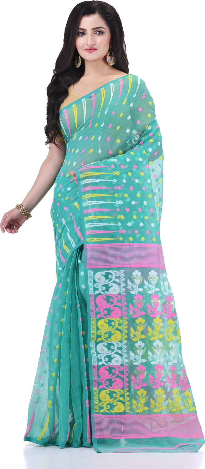 TANTLOOM Woven Jamdani Handloom Cotton Blend Saree (Blue)