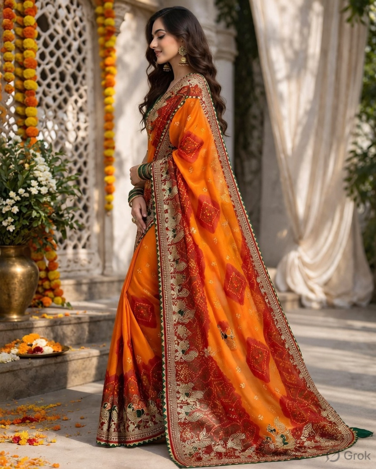 Image of MAA PARVATI NX Tie-Dye, Embroidered Bandhani Georgette Saree