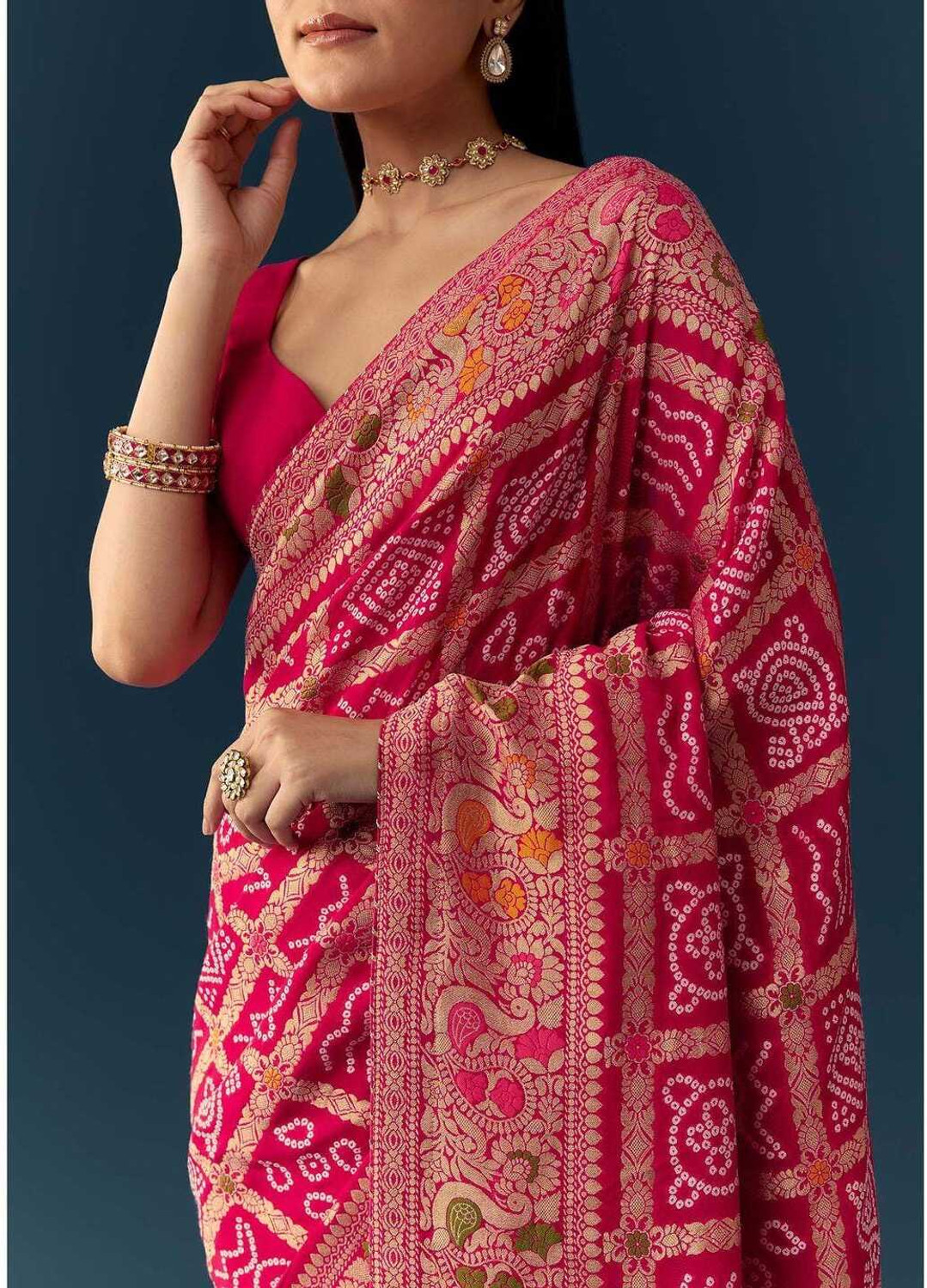 Image of Gajj kesari Woven, Printed Bandhani Pure Silk Saree