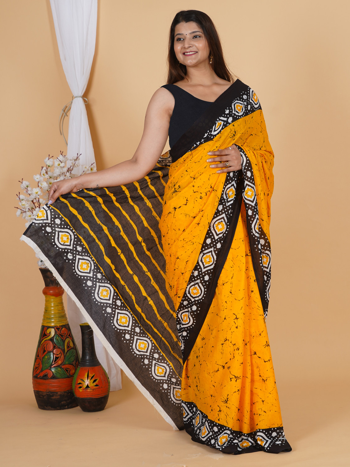 Image of latest cotton mulmul saree Printed, Blocked Printed, Hand Painted Ikkat Pure Cotton Saree