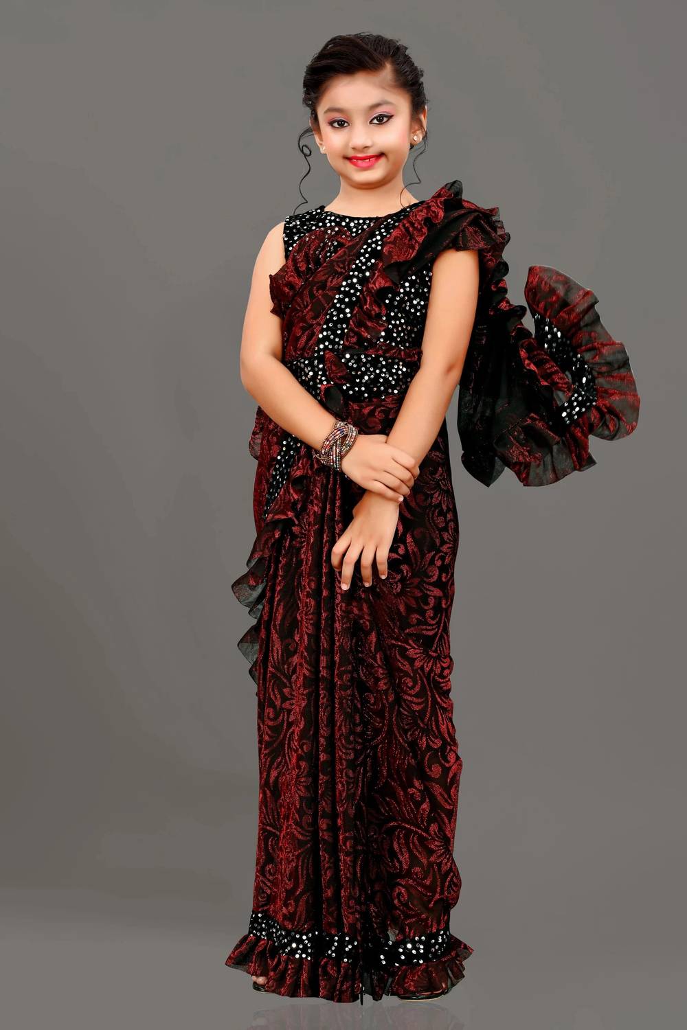 VRAJ TEX FAB Embellished Bollywood Lycra Blend Saree (Maroon)