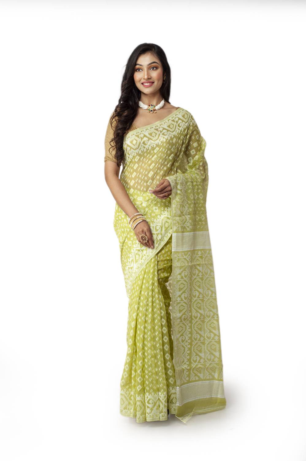 New Sareee Center Woven Jamdani Pure Cotton Saree (Light Green)