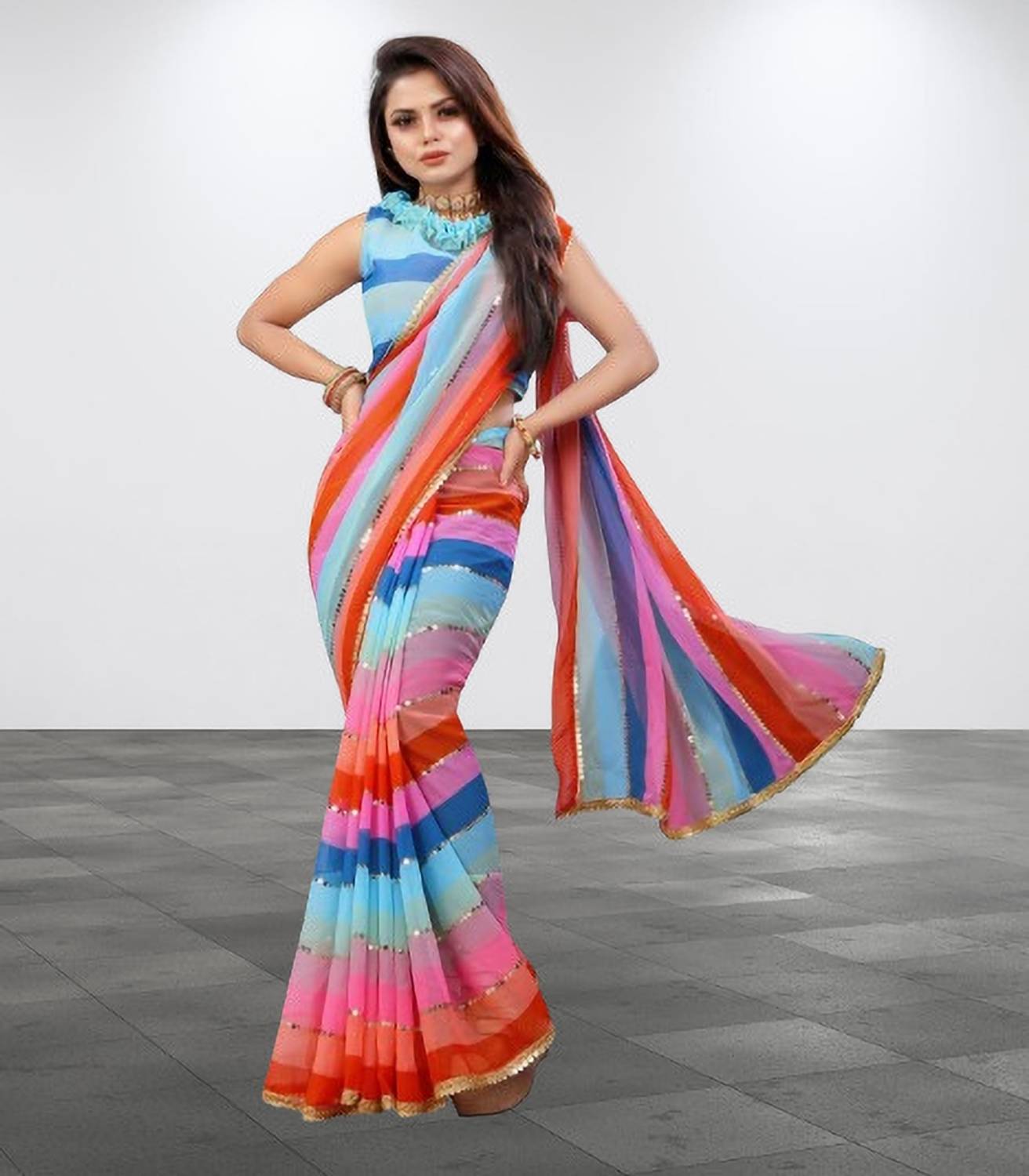 GAVUBAA Floral Print Bollywood Georgette Saree (Multicolor)