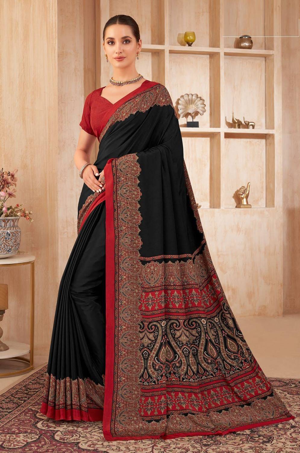Swarne Self Design, Printed, Floral Print, Geometric Print, Paisley, Solid/Plain Bollywood Crepe Saree