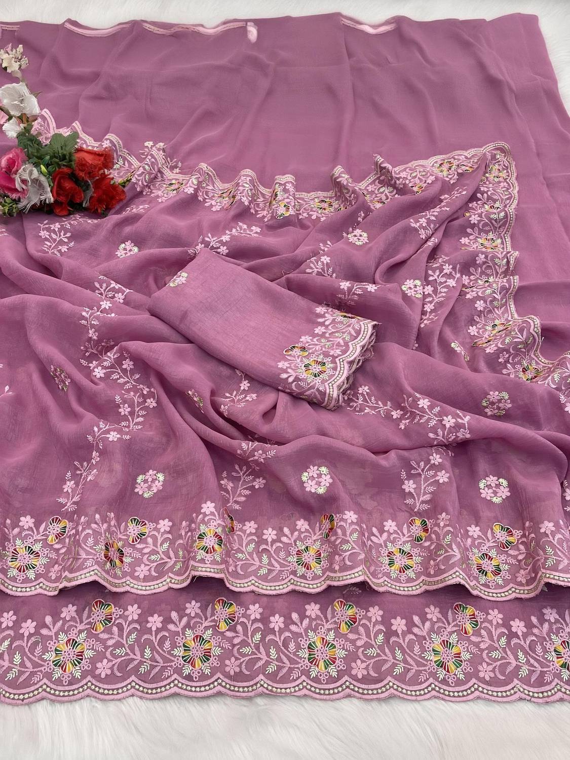 niesha fashion Embroidered Bollywood Shifon Sari - Image 1