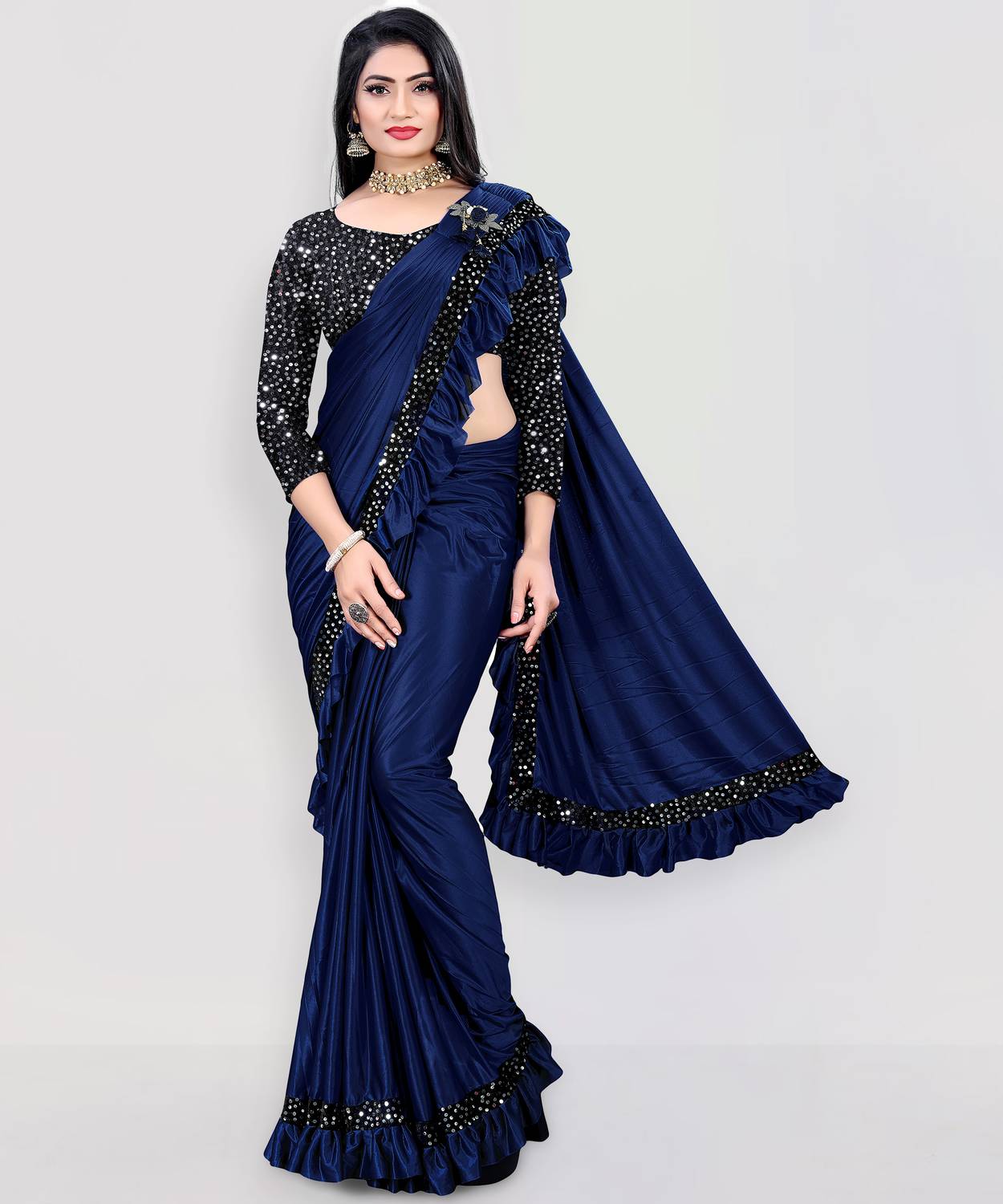 MIJAASHREE Embellished Bollywood Lycra Blend Saree (Blue)
